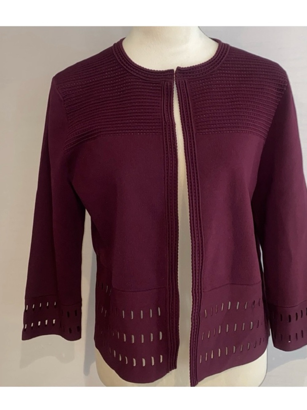 Ted Baker London Plum Open-Front Knit Cardigan with Laser-Cut Hem